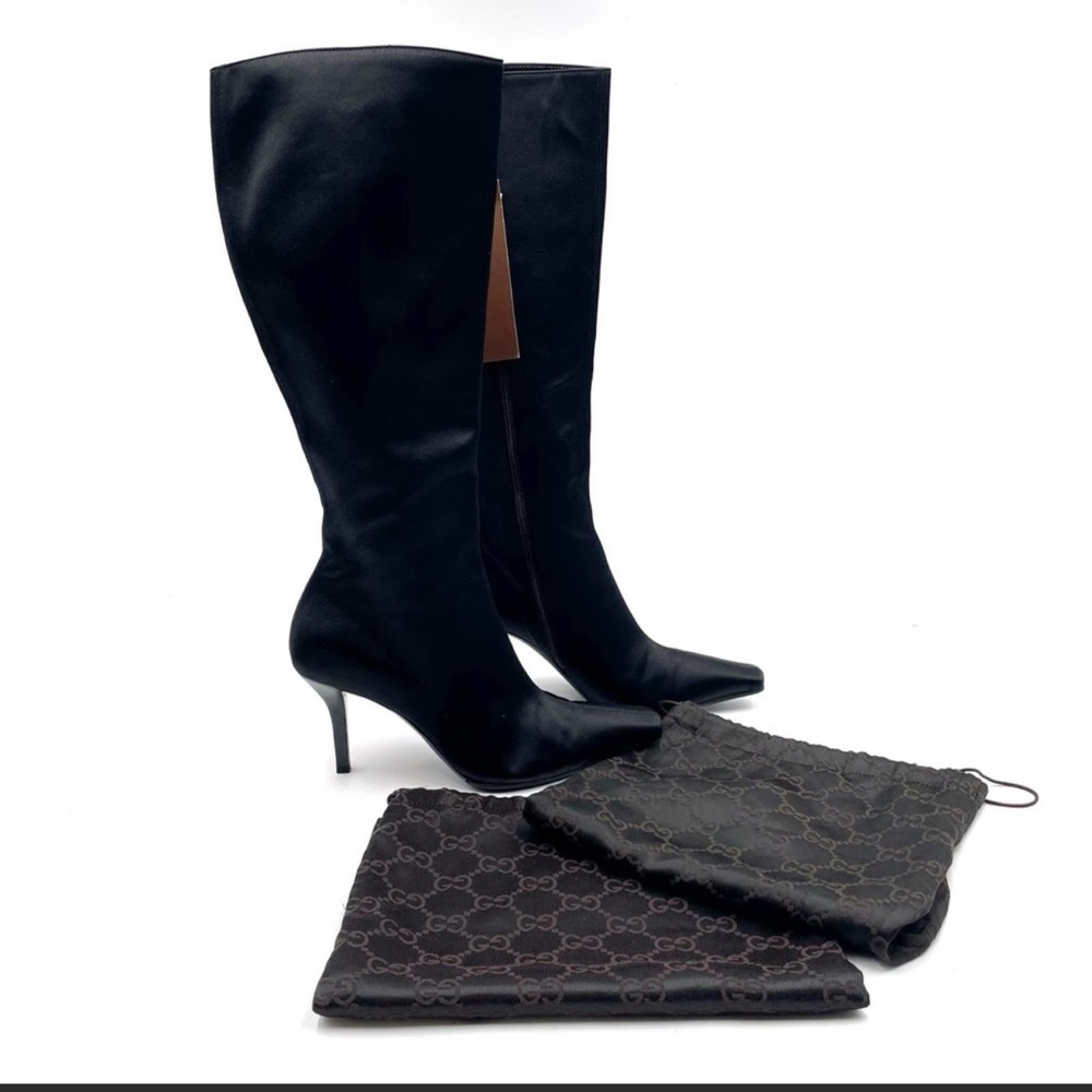 Gucci Black Satin Knee High Stiletto Heels Sz 7.5B, with Crystal G on Back